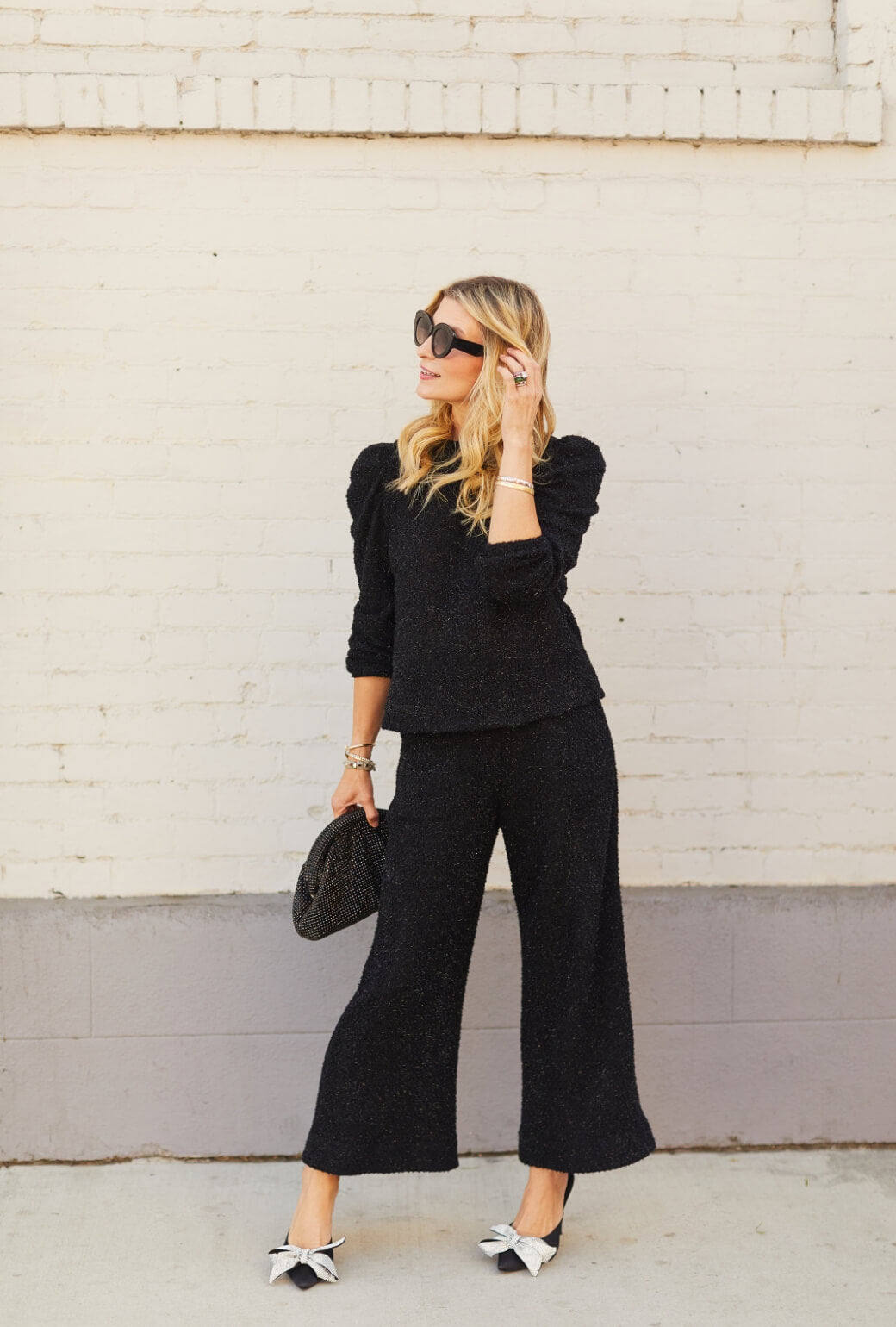 Puff Sleeve Pullover - Black Shimmer Knit