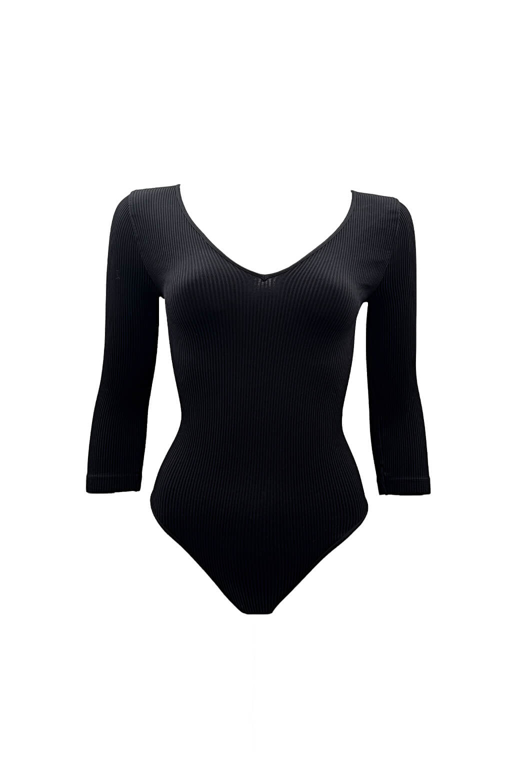 Ribbed V-Neck Long Sleeve Body Suit - Black