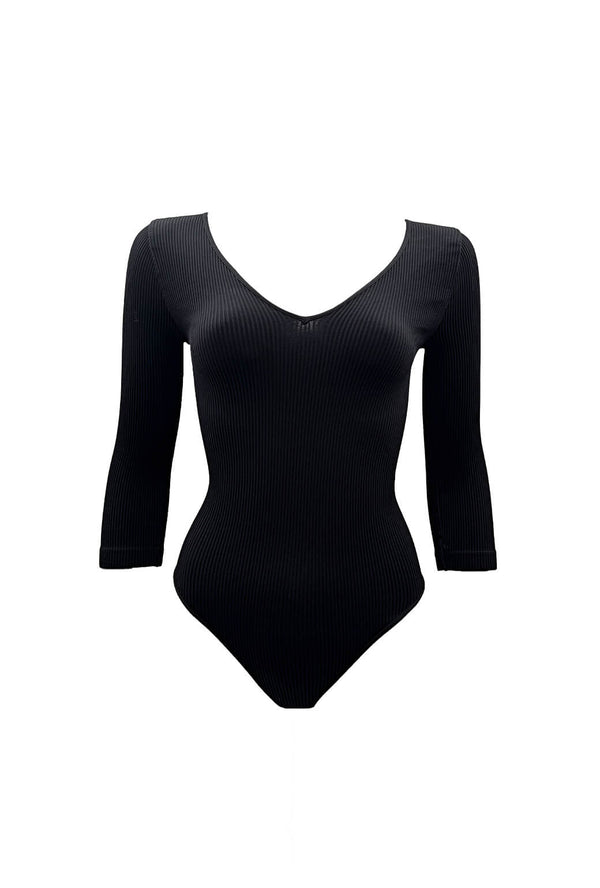 Ribbed V-Neck Long Sleeve Body Suit - Black