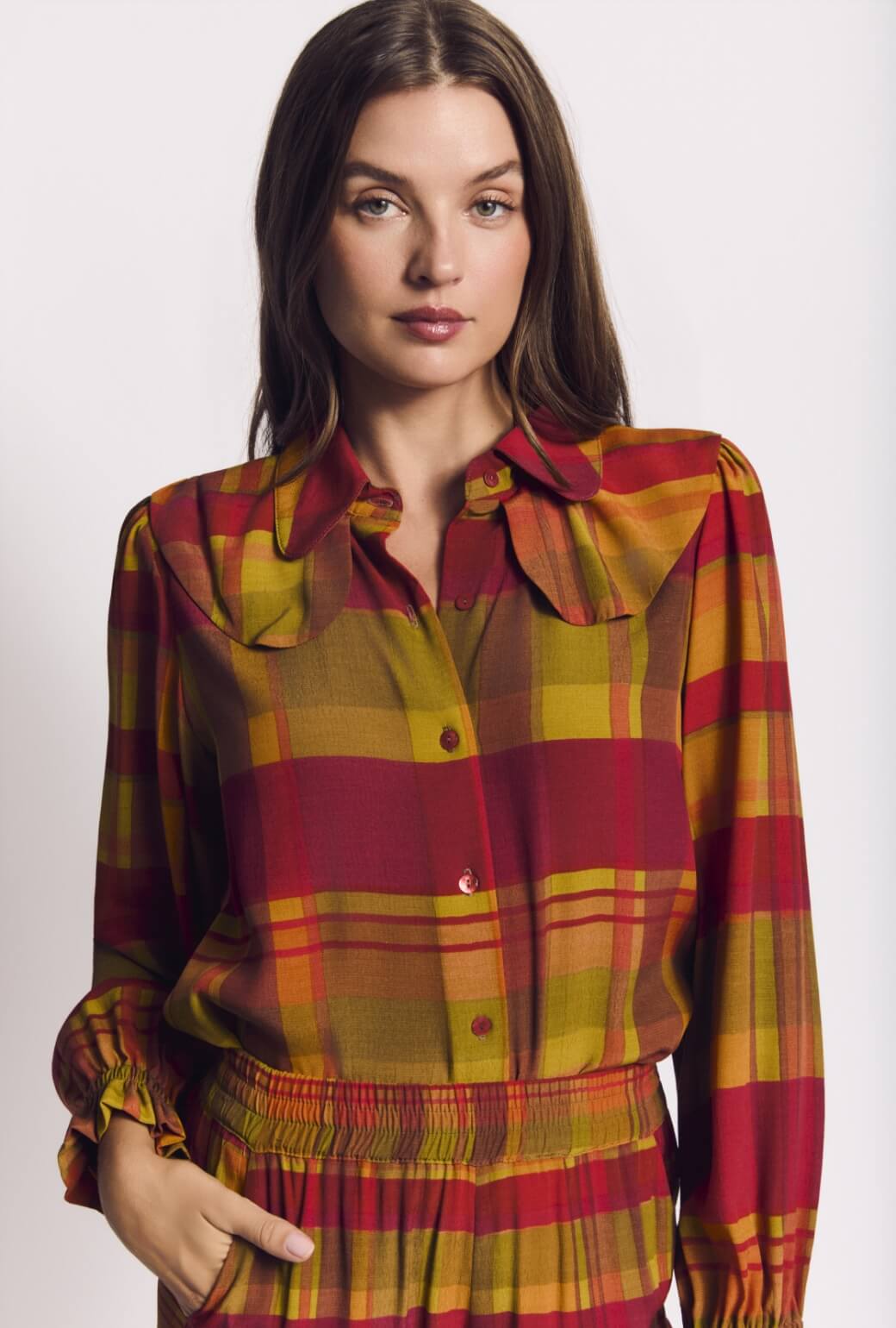 Ruffle Button Down - Lake House Plaid