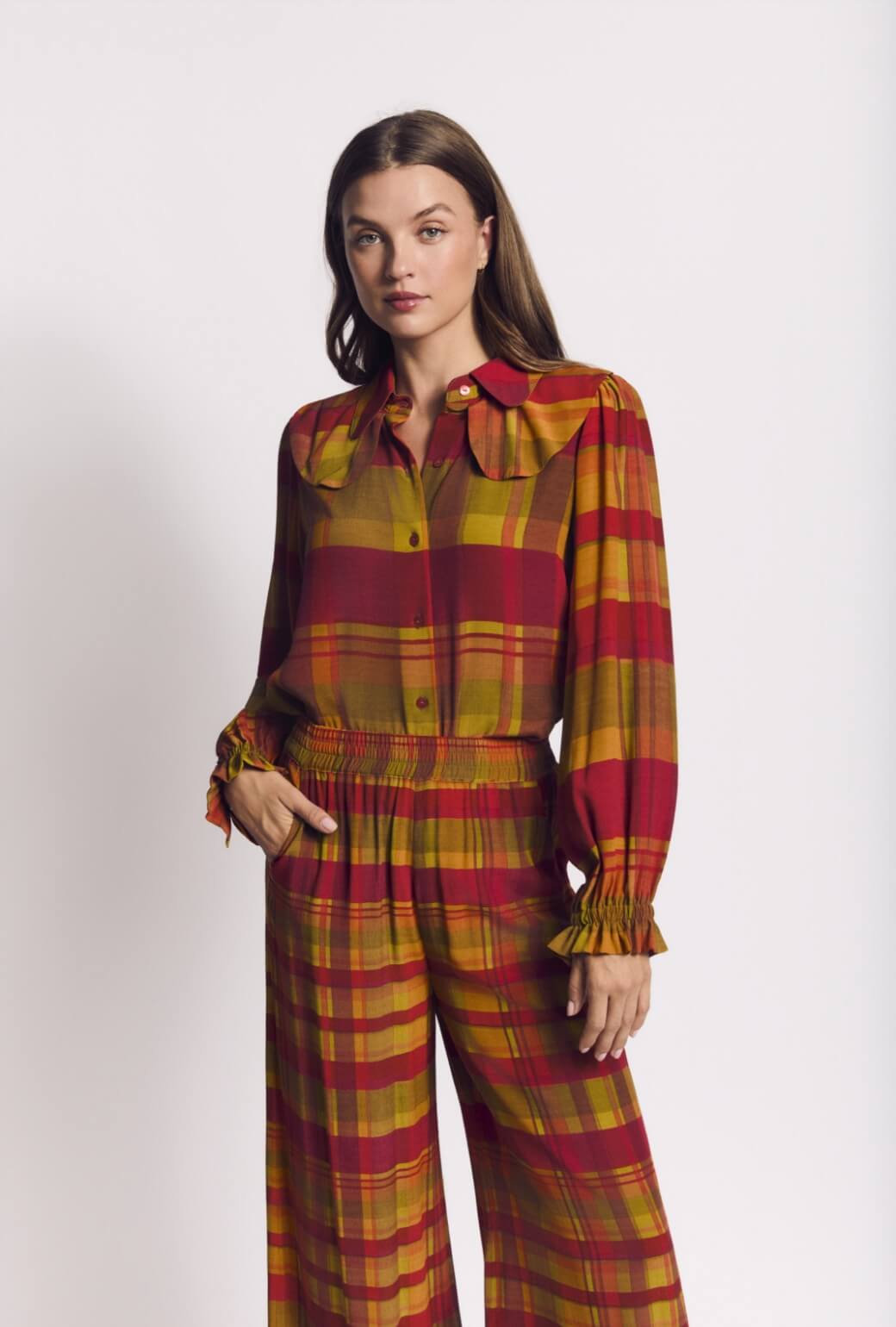 Ruffle Button Down - Lake House Plaid
