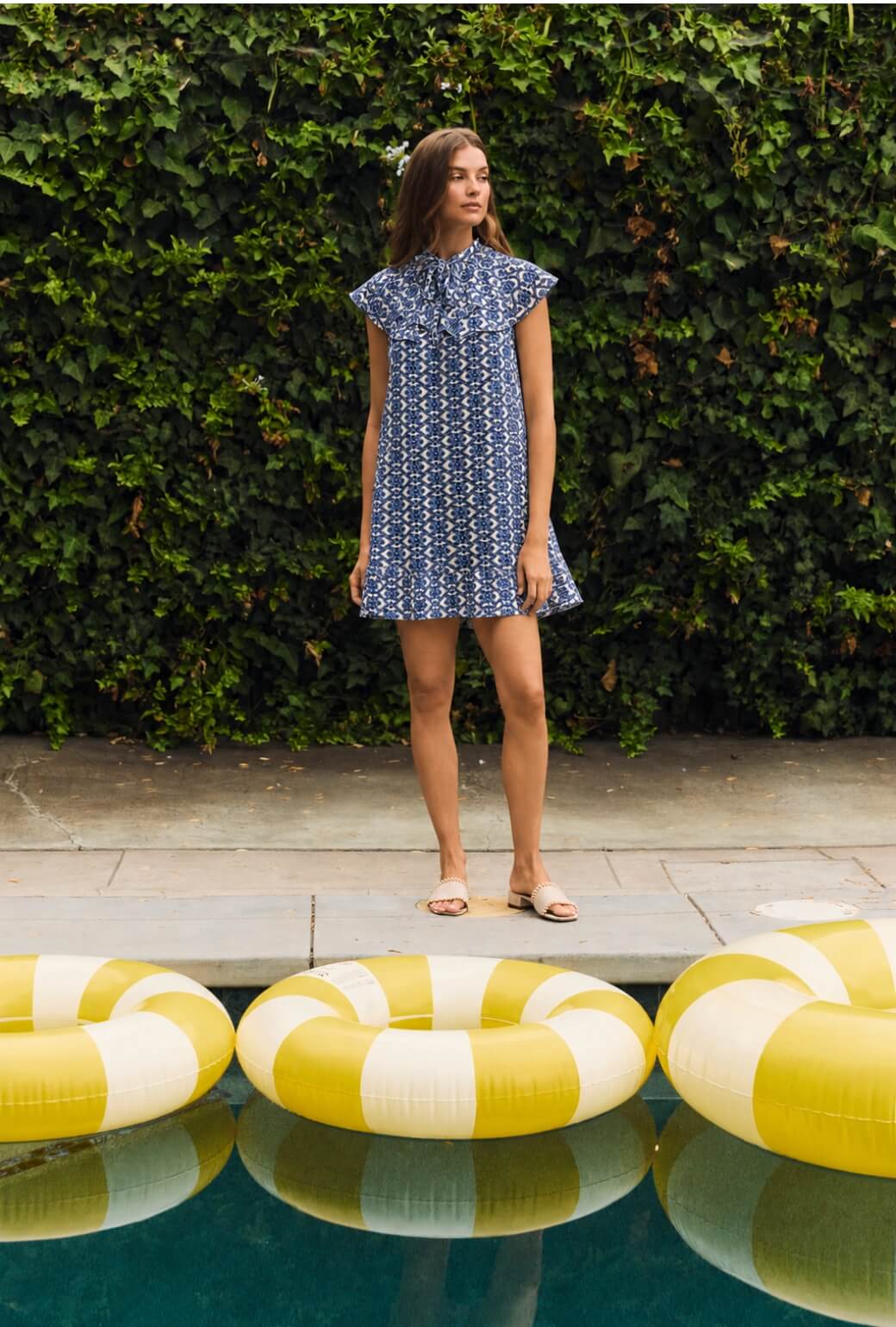 Ruffle Collar MINI Dress - Blue Lattice