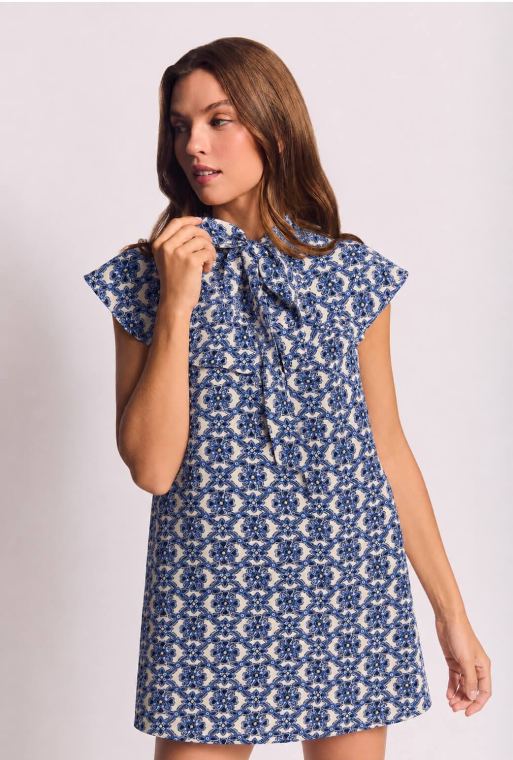 Ruffle Collar MINI Dress - Blue Lattice