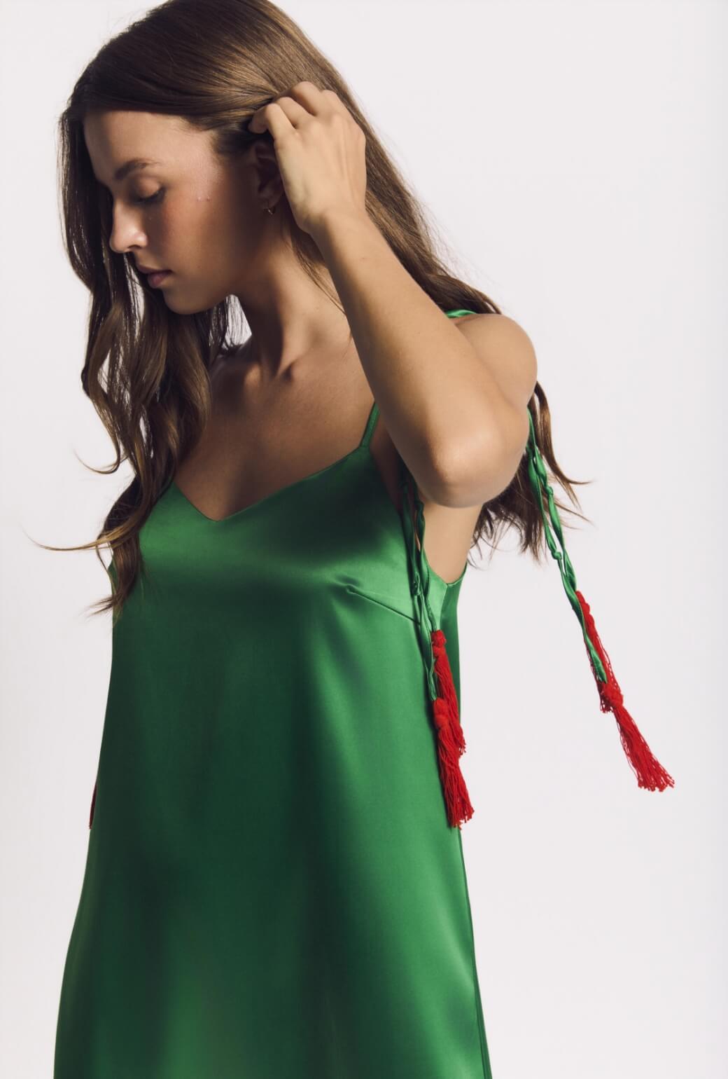 Satin Tassel Mini Dress - Kelly Green