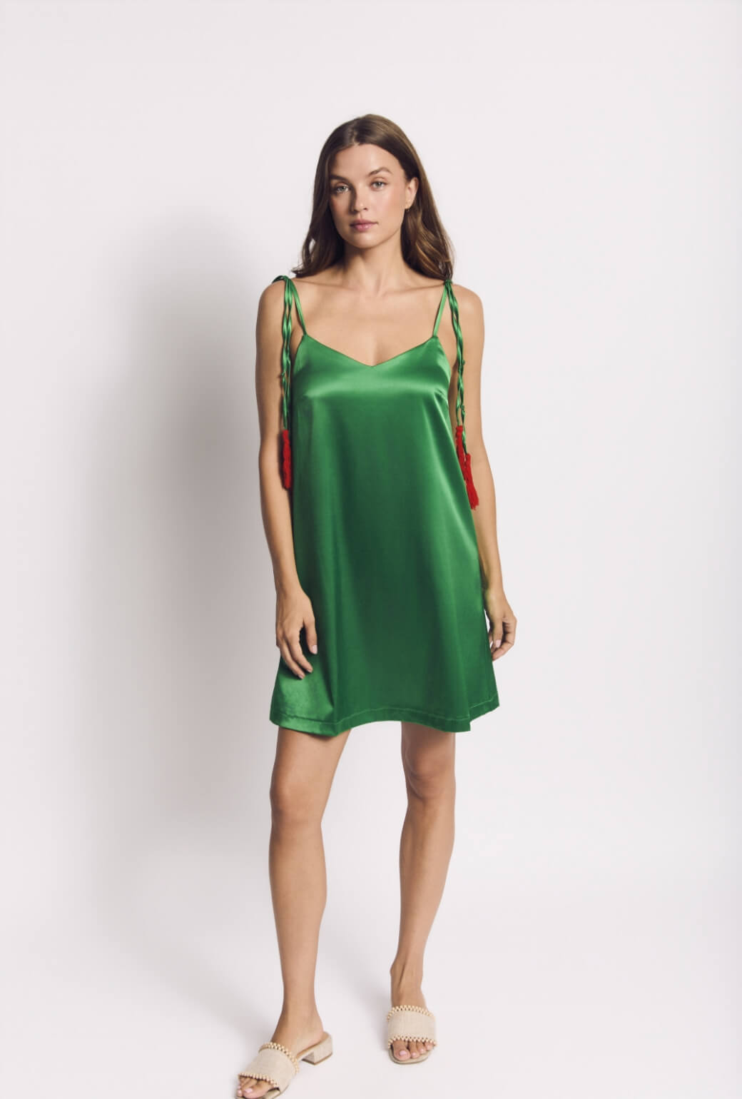 Satin Tassel Mini Dress - Kelly Green
