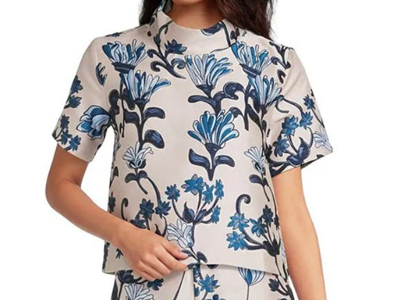 Short Sleeve Mod Top - Blue Vines Jacquard