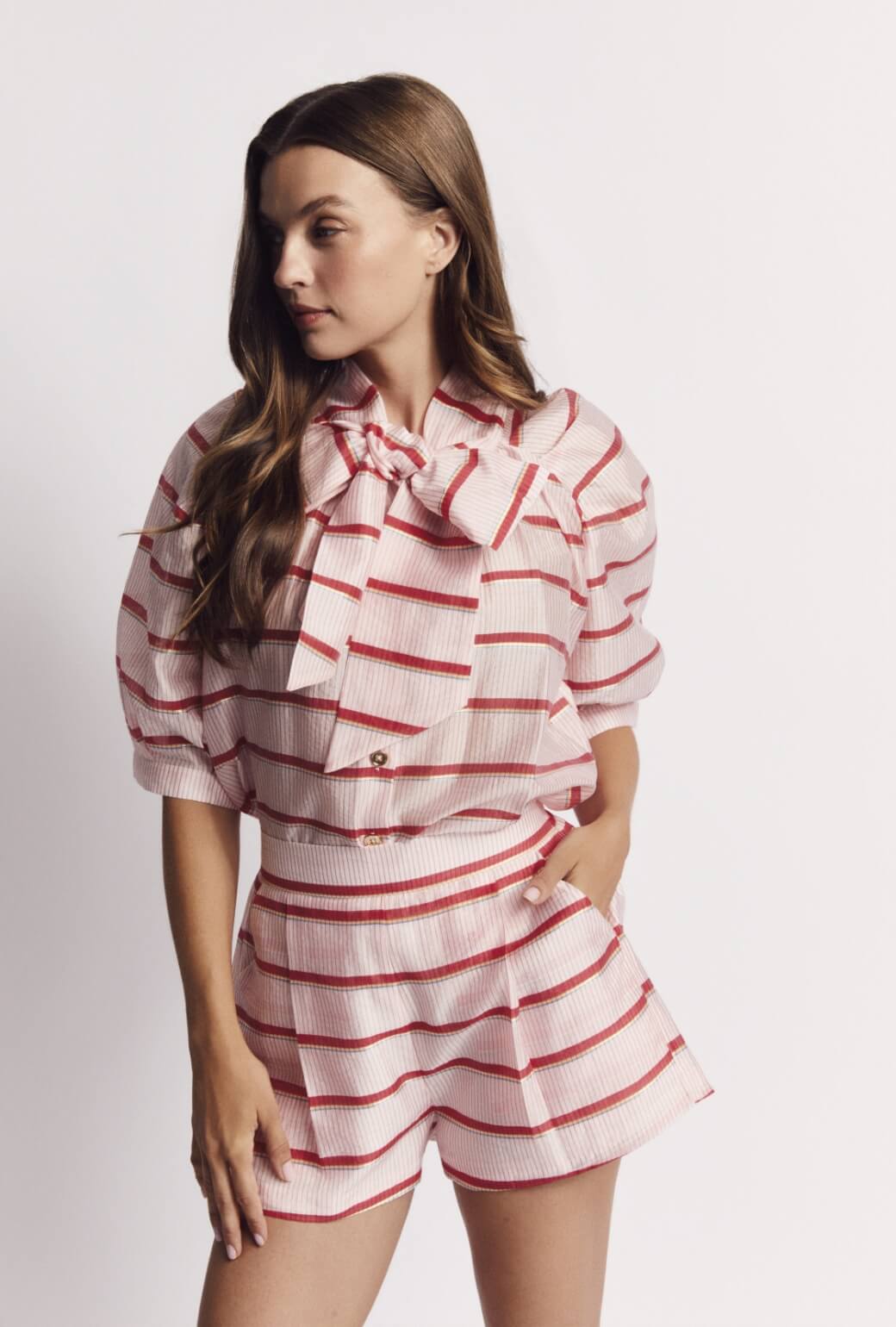 Short Sleeve Bow Blouse - Red Shimmer Stripe