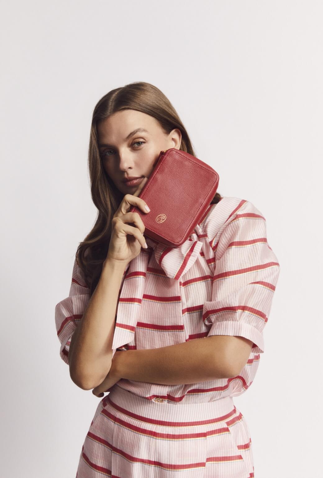 Short Sleeve Bow Blouse - Red Shimmer Stripe