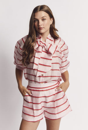 Short Sleeve Bow Blouse - Red Shimmer Stripe