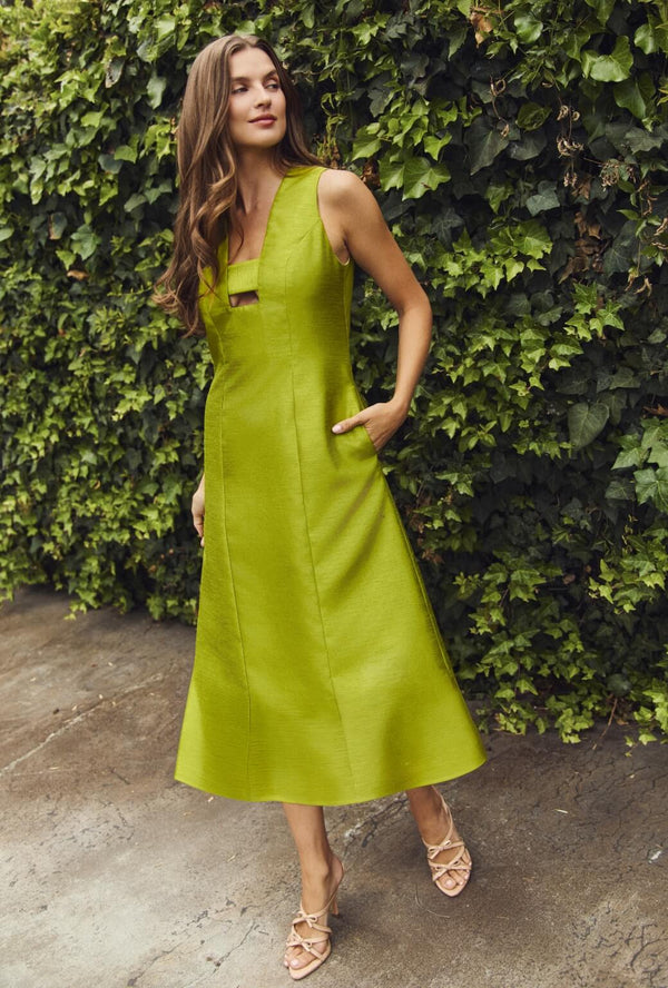 Sleeveless Deco Dress MIDI - Green Taffeta
