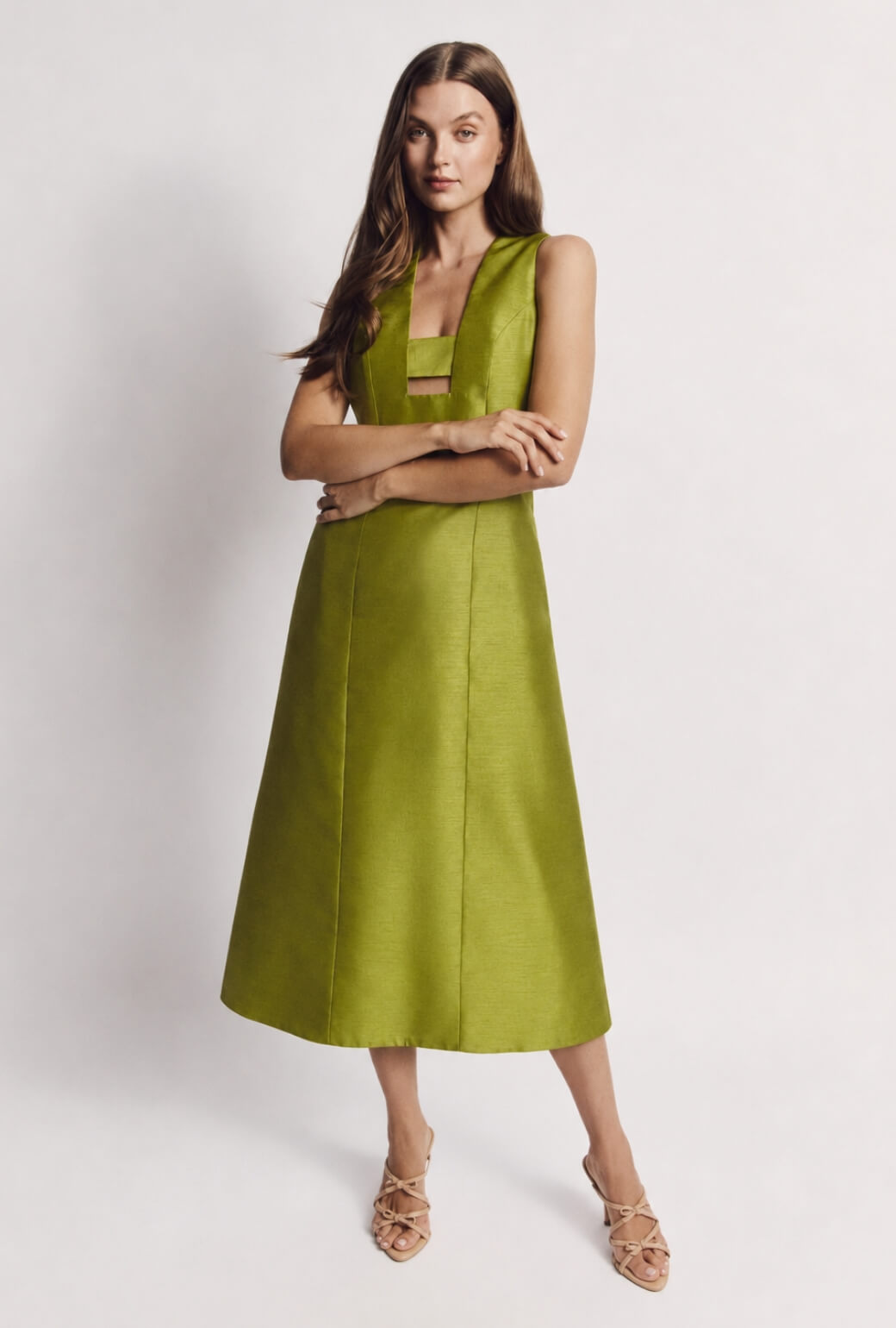 Sleeveless Deco Dress MIDI - Green Taffeta