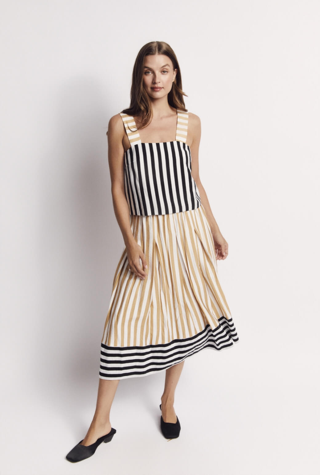 Smocked Waist MIDI Skirt - Black and Sand Stripe