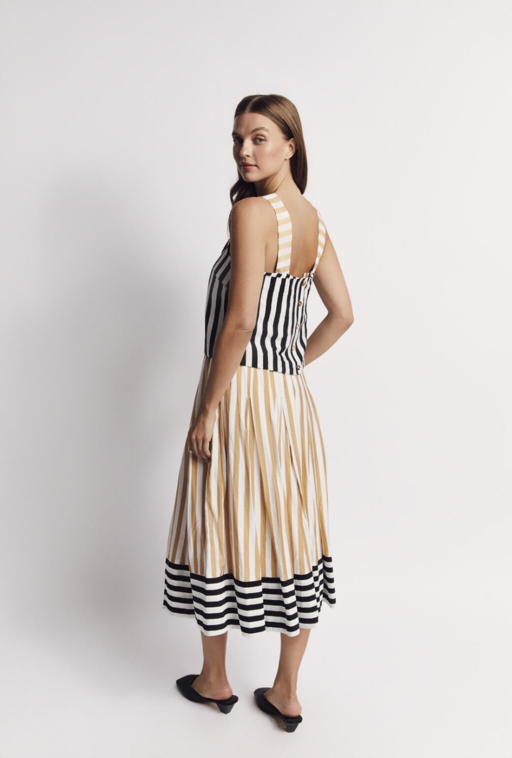 Smocked Waist MIDI Skirt - Black and Sand Stripe