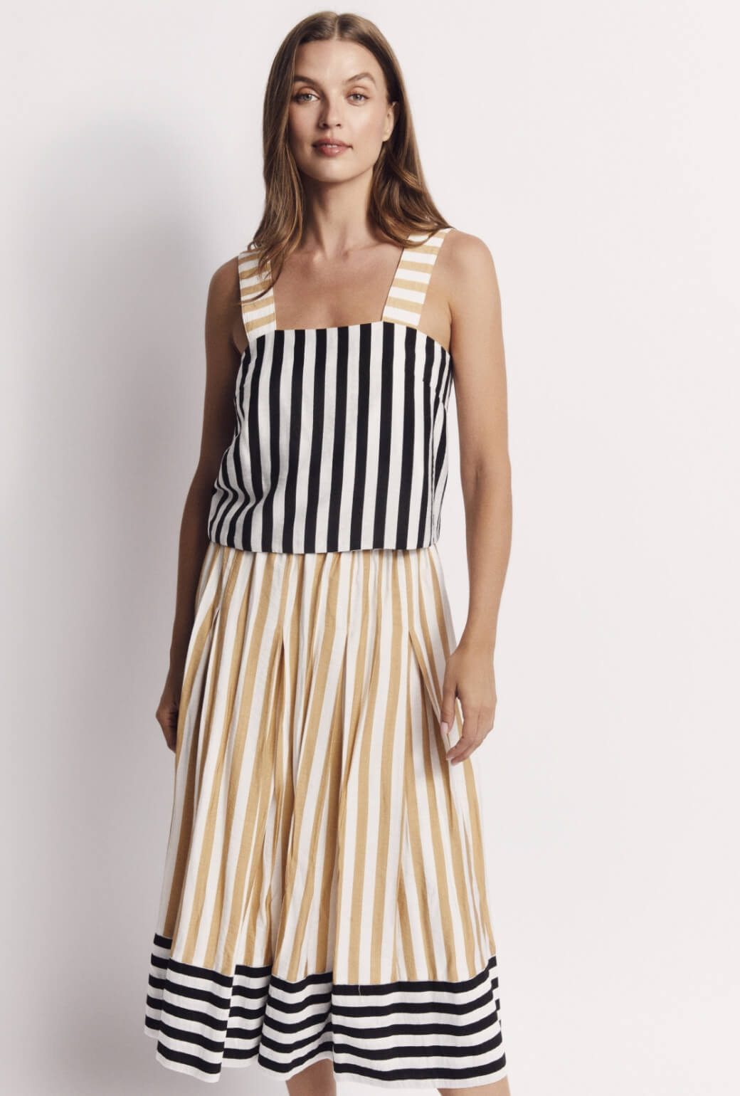 Smocked Waist MIDI Skirt - Black and Sand Stripe