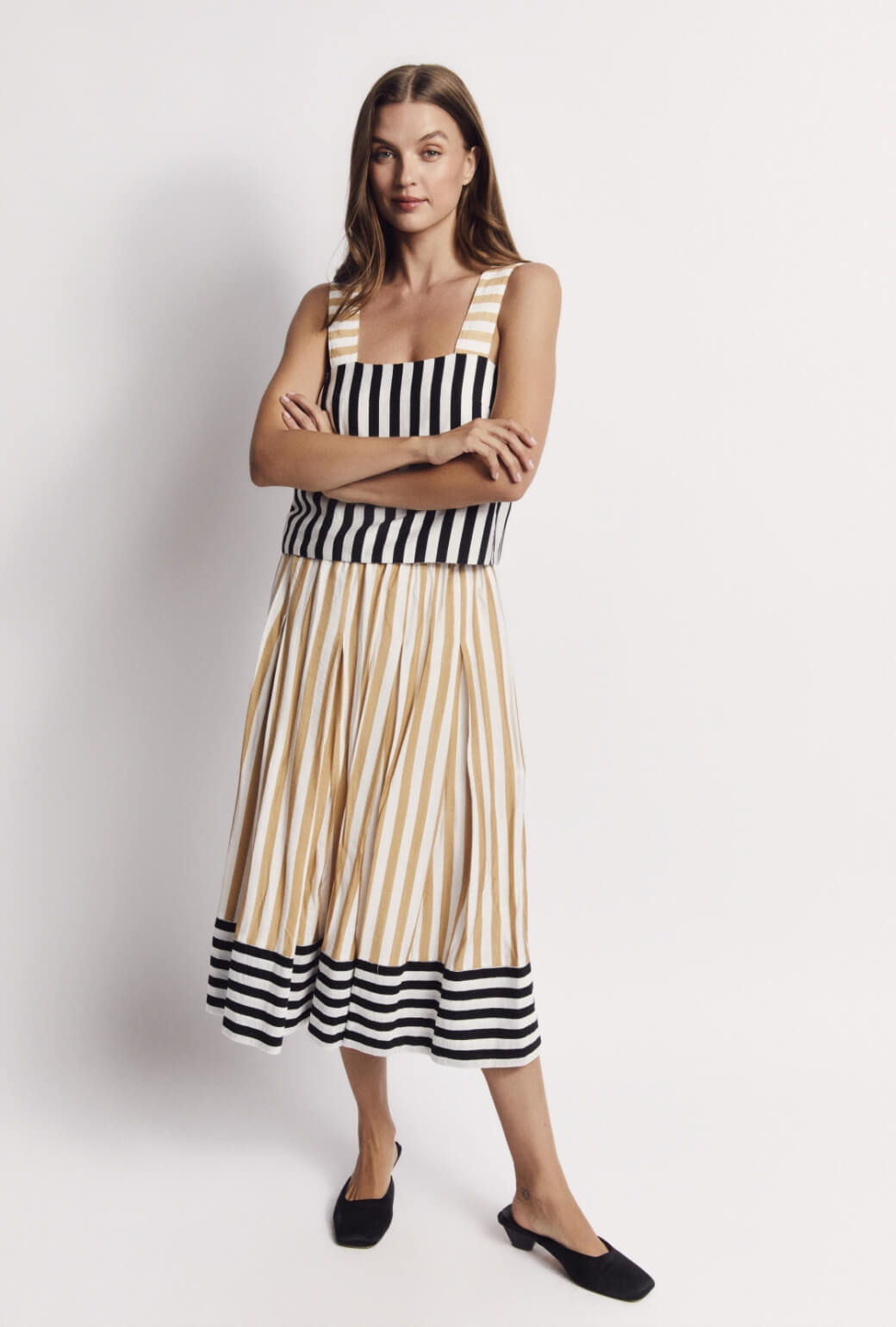Smocked Waist MIDI Skirt - Black and Sand Stripe