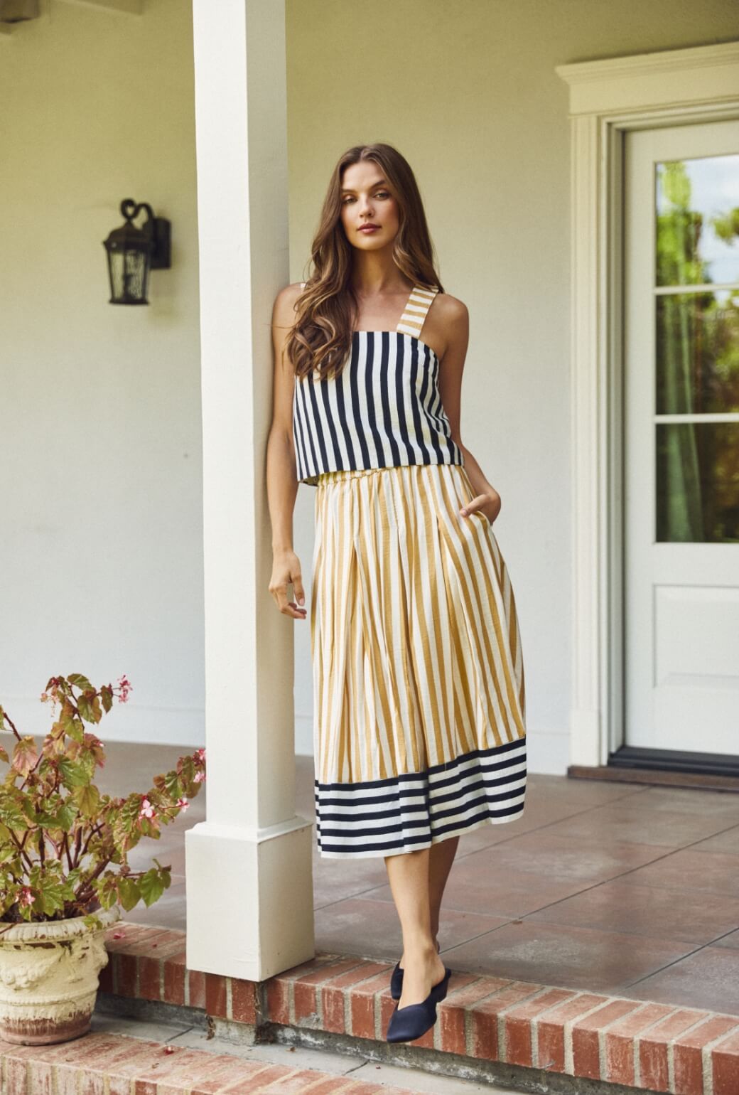Smocked Waist MIDI Skirt - Black and Sand Stripe