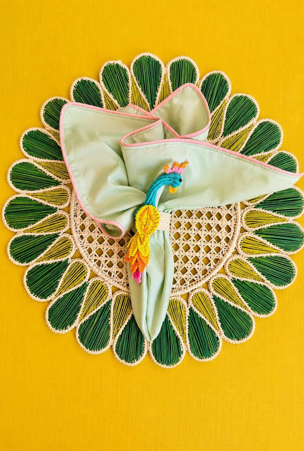 Teardrop Rattan Placemats - Deep Green & Chartreuse