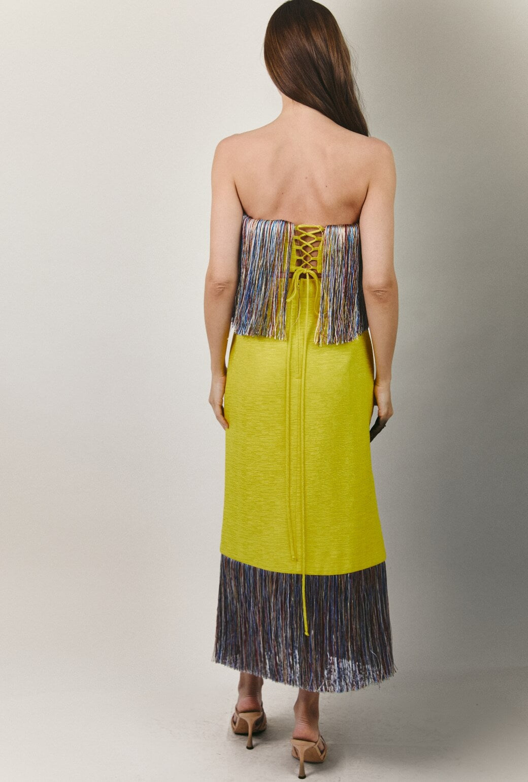 Fringe Bustier- Yellow Slub with Rainbow Fringe