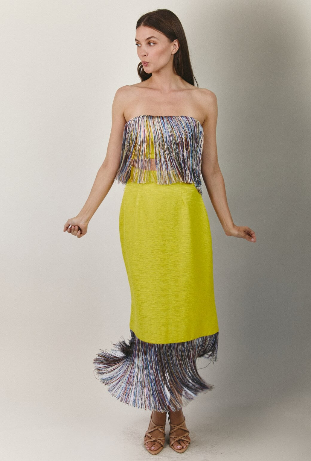 Fringe Bustier- Yellow Slub with Rainbow Fringe
