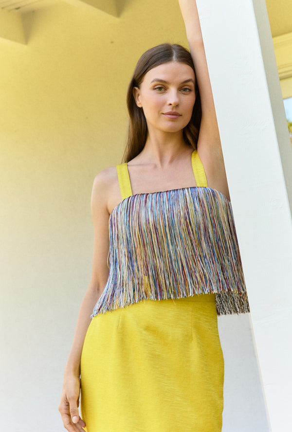 Fringe Bustier- Yellow Slub with Rainbow Fringe