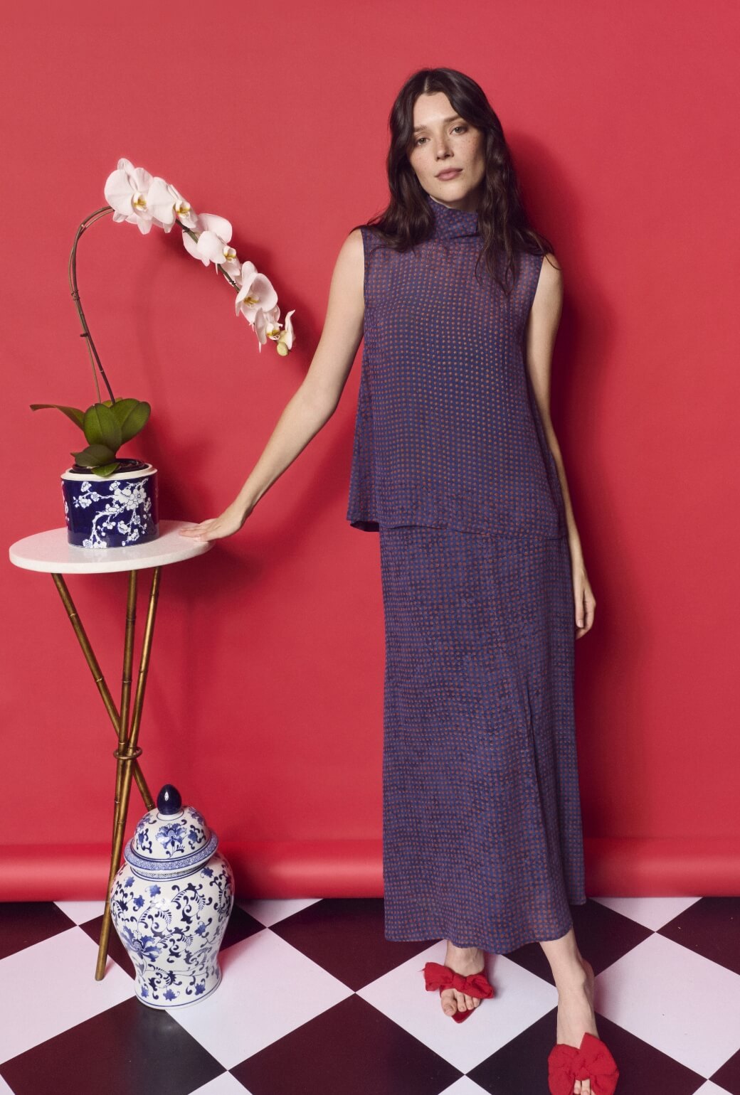 The Leland Skirt - Navy and Red Dot