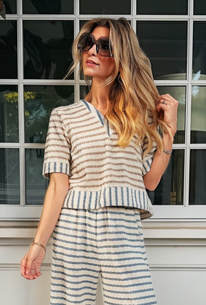 The Onasis Top - Taupe & Blue Stripe Knit