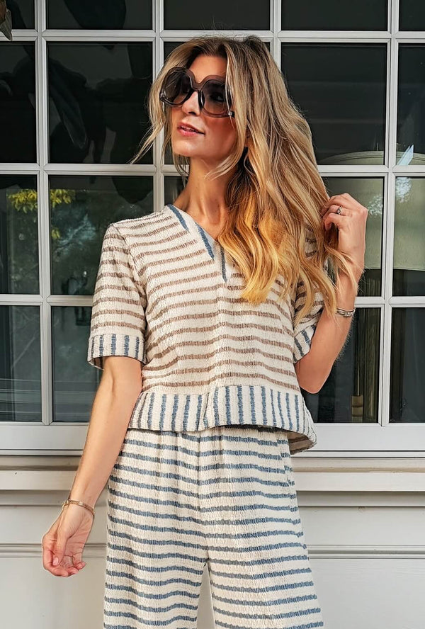 The Onasis Top - Taupe & Blue Stripe Knit