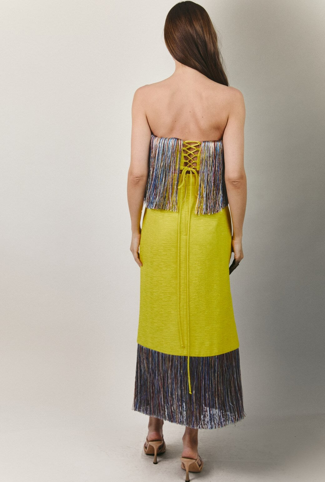 Fringed Monroe Skirt - Yellow Slub with Rainbow Fringe