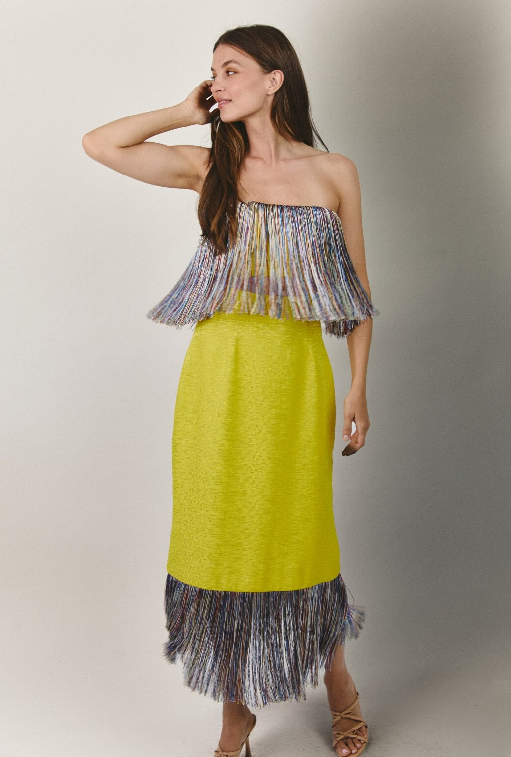 Fringed Monroe Skirt - Yellow Slub with Rainbow Fringe