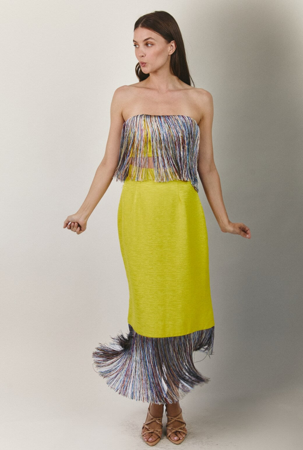 Fringed Monroe Skirt - Yellow Slub with Rainbow Fringe