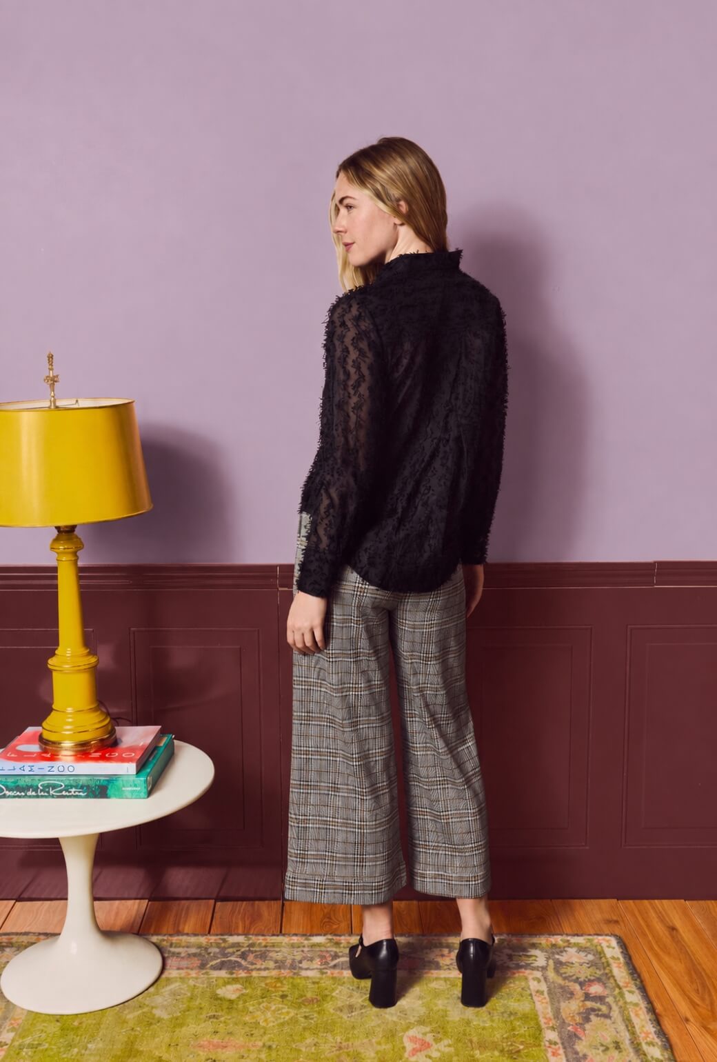 Wide Leg Knit Trouser - Black & Gold Glen Plaid Knit