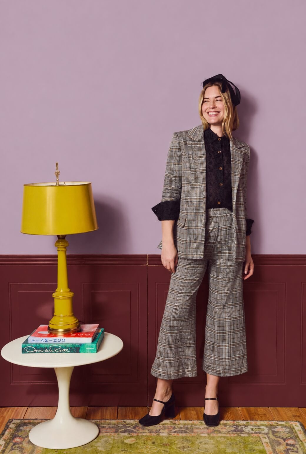 Wide Leg Knit Trouser - Black & Gold Glen Plaid Knit