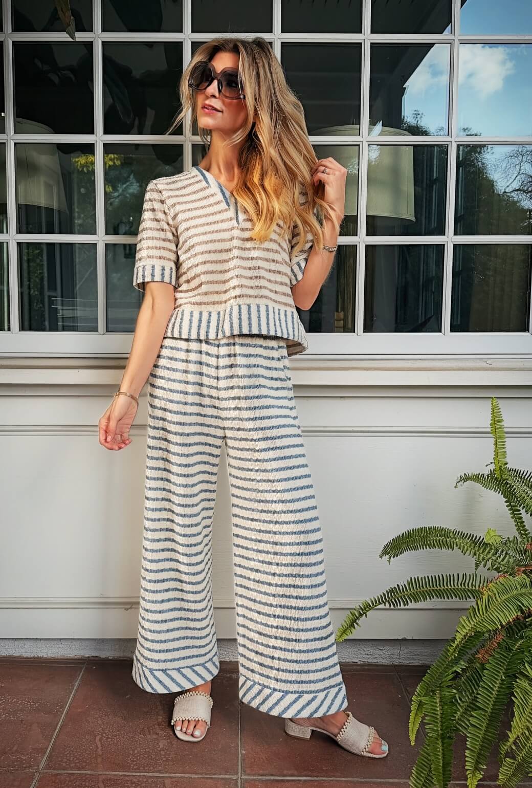 Wide Leg Knit Trouser - Blue Stripe Knit