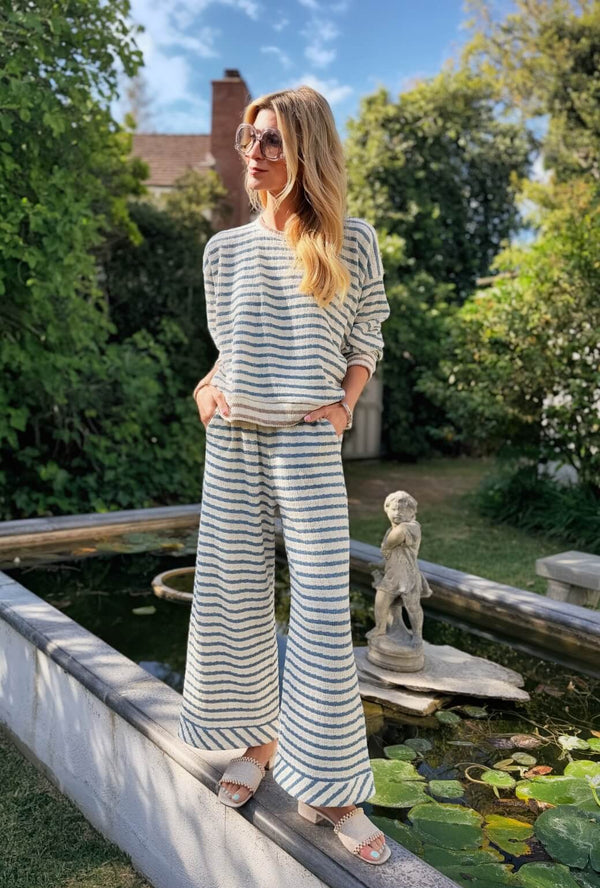 Wide Leg Knit Trouser - Blue Stripe Knit