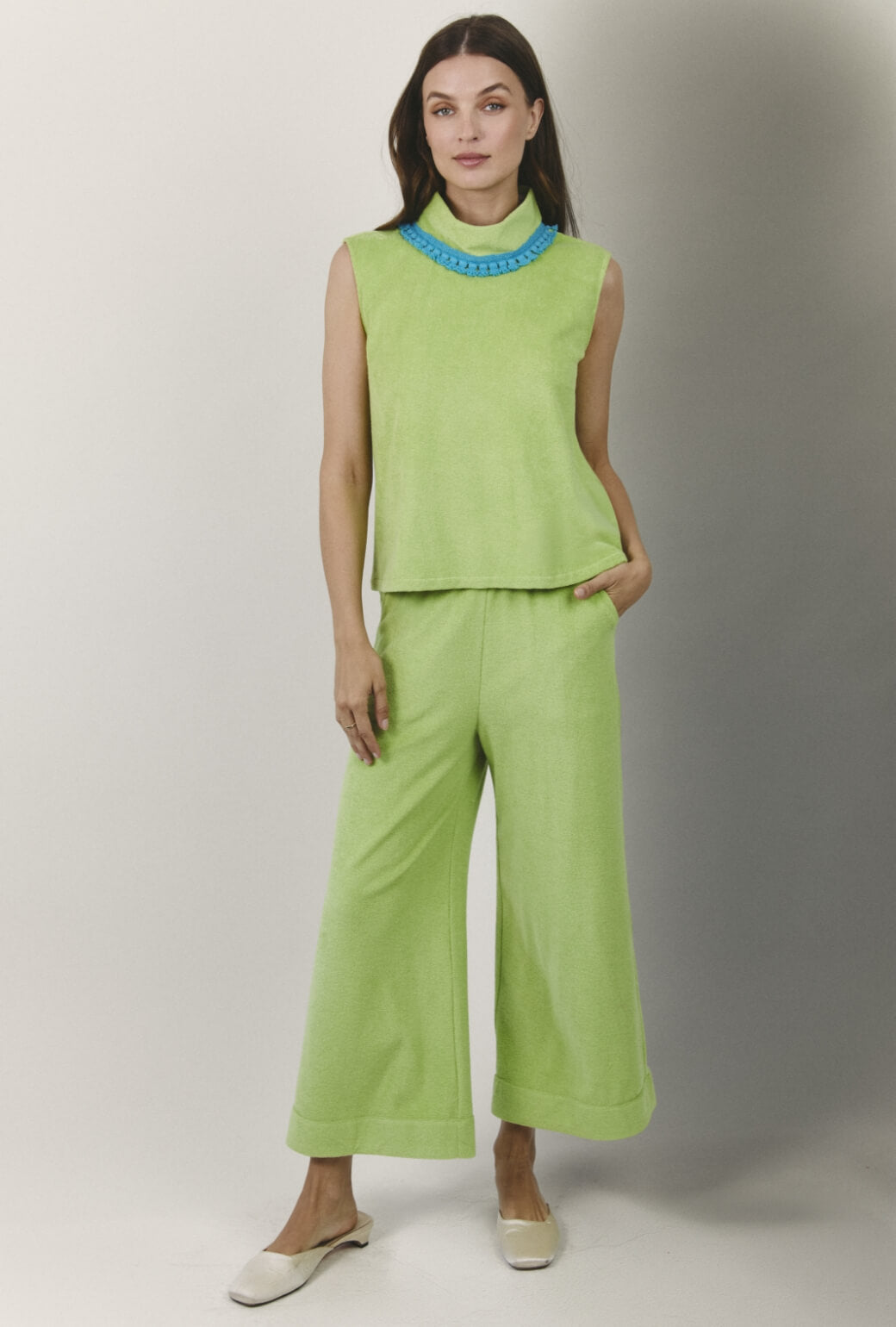 Wide Leg Knit Trouser - Green Terry