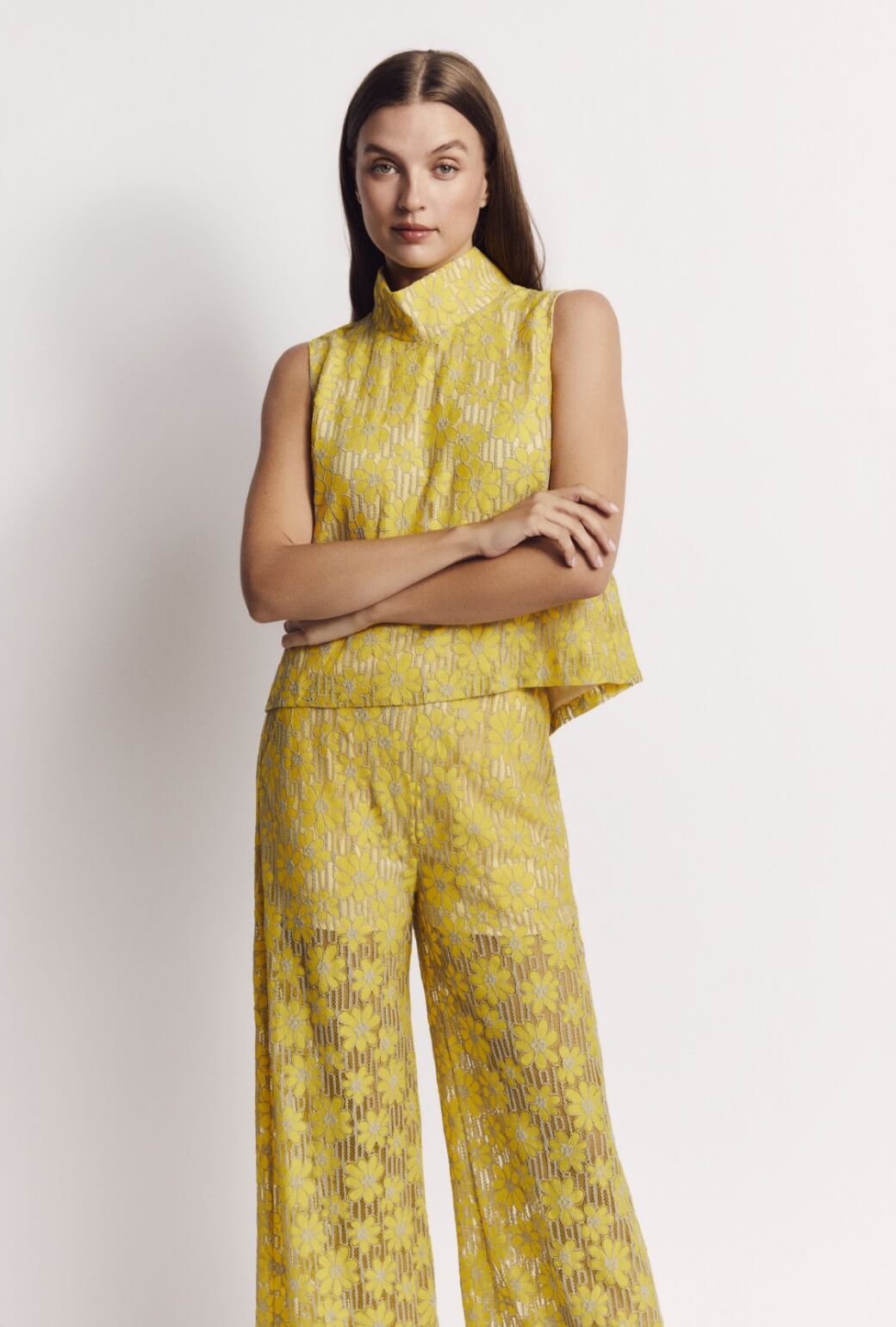 Wide Leg Trousers - Yellow Lace