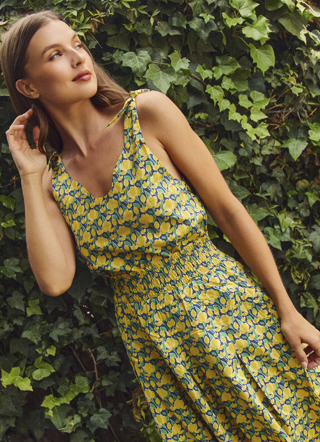 Smocked Waist MIDI Skirt - Yellow Tulip